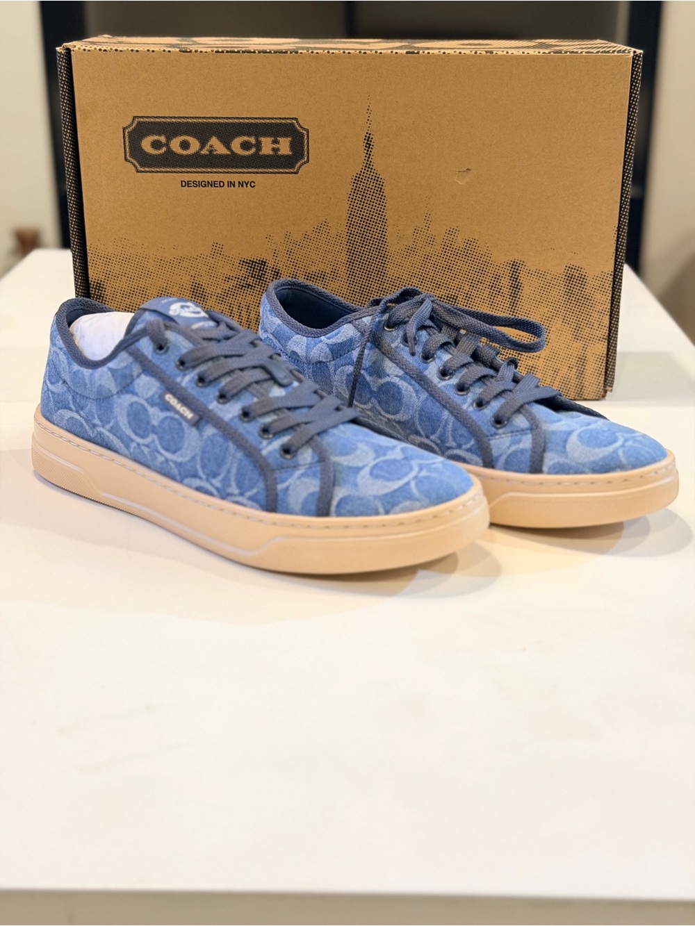 Coach Denim Monogram Low-Top Sneakers in Blue with Tan Sole